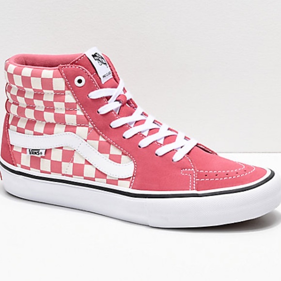 pink checkerboard high top vans